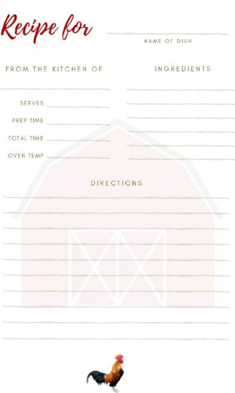 Printable Recipe Card Rooster Barn Recipe Card 5x7 Recipe Etsy