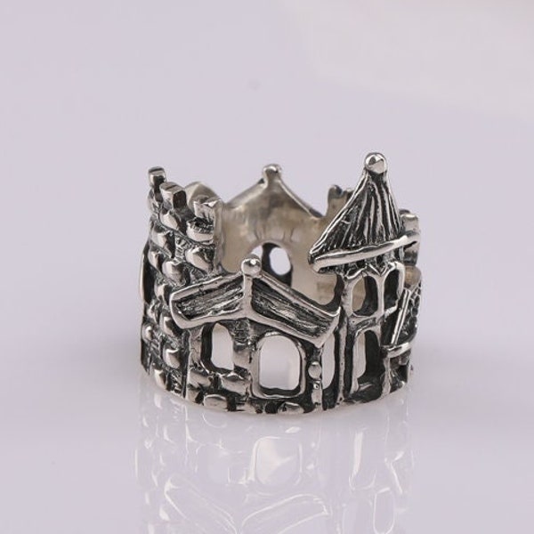 Alte Stadt Sterling Silber Vintage Ring, alte Häuser Ring