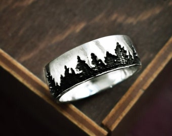 Anillo de plata de ley con bosque: Banda de línea de árboles