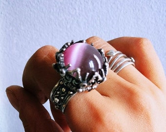 Pink cat's eye natural gemstone ring, unique vintage purple gem ring in sterling silver