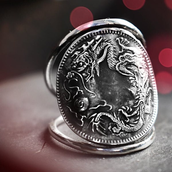 Japanese dragon silver ring, traditional mythology Japanese coin fidget ring