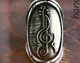 Treble clef silver ring, music note ring, musical oxidized silver chef ring