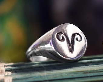 Aries zodiac sign signet ring in sterling silver