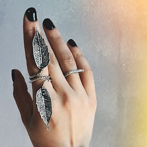 Full finger leaf ring, sterling silver extra long leaf ring, long statment ring, big bohemian ring