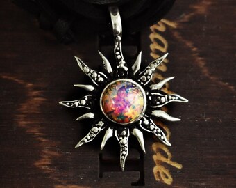 Rising sun necklace with yellow quartz with leather rope, sterling silver sunrise pendant