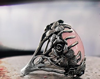 Natural pink quartz gemstone ring, rose quartz vintage ring, unique flower band ring in sterling silver with genuine quartz