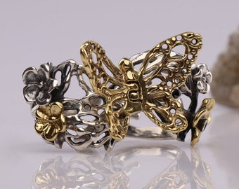 Cocktail Butterfly Ring, 2 Finger Doulbe Butterfly Ring, Gorgeous Cocktail Ring, Filigree Butterfly Statement Ring