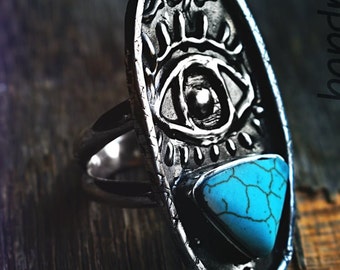 Turquoise long ring, vintage large unique silver ring, turqoise eye ring, large eye ring