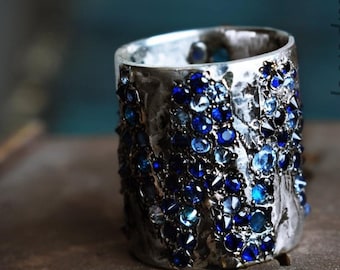 Extra wide ring with many small zircons, hammered wide crystals band in sterling silver