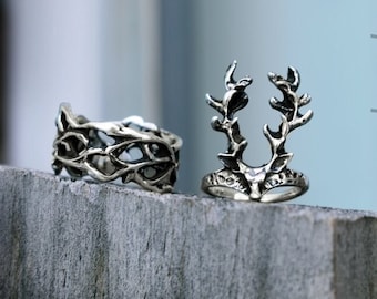 Deer ring, set of Christmas two silver rings, midi silver ring, deer jewelry, winter ring, animal ring