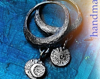 Set of 2 celestical ring, textured hammered silver dome ring, sun and loon coin ring trandy unique, tuareg sterling ring