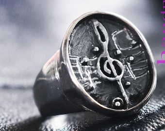 Bague de note de musique, Bague d’argent à clef aiguë, Bague de note de musique, Bague de chef en argent oxydé de musique