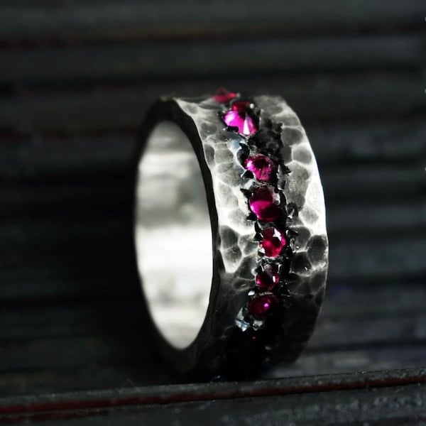 Hammered small zircons band, rustic band for him, silver wedding band with gems