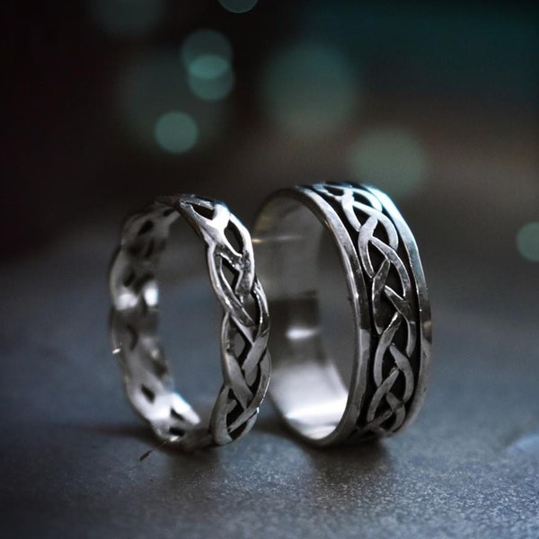 2 Celtic His and Her wedding rings, celtic bands set, couple sterling rings, matching couple bands