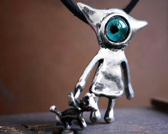 Alien sterling silver pendant, funny creative alien inspired sterling necklace