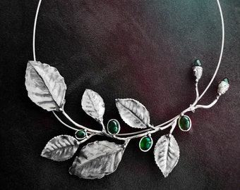 Leaf choker, torque handmade silver choker, front open sterling silver necklace, collar silver necklace