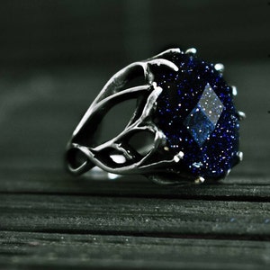 Goldstone ring in Sterling Silver, blue sandstone ring, magical engagement ring