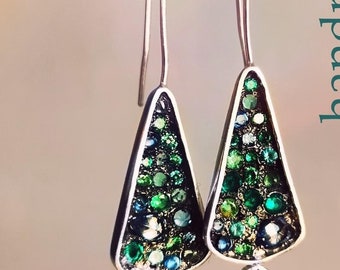 Drop zircon gems earrings, stylish statements dangle earrings,  gypsy earrings with green zircons in sterling silver