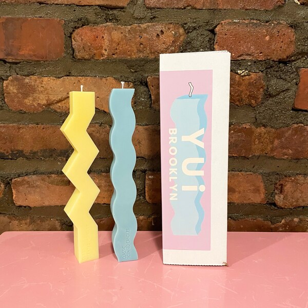 Ready to ship_Yellow Zig-zag & Light Blue Squiggle Soy wax and Beeswax Candle,  Taper Candle, Unique Candles, Aesthetic, Abstract Candle