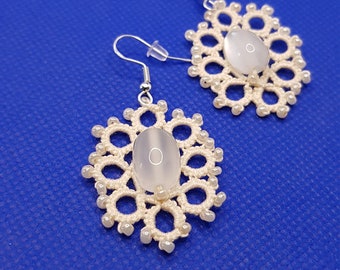 Handmade Tatting Earrings with White Seed Beads and Fine Glass Pearl - Gift for her