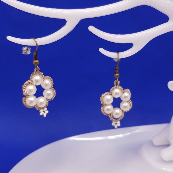 Tatting (Occhi) Earrings with Pearl-coated Seed Beads and White Glass Pearls - Handmade Accessories - Gift for Her