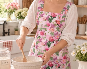 Cross Back Floral Apron with Pockets and Towel Holder | Handmade Handcrafted Smock | No Ties | Gift for Woman Mothers Her Gardening Cooking