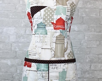 Vintage Cafe Apron with Pockets | Full Chef Pinafore Handmade Apron | Artist Baking Kitchen Cooking or for Coffee Shop | Cafe Pattern