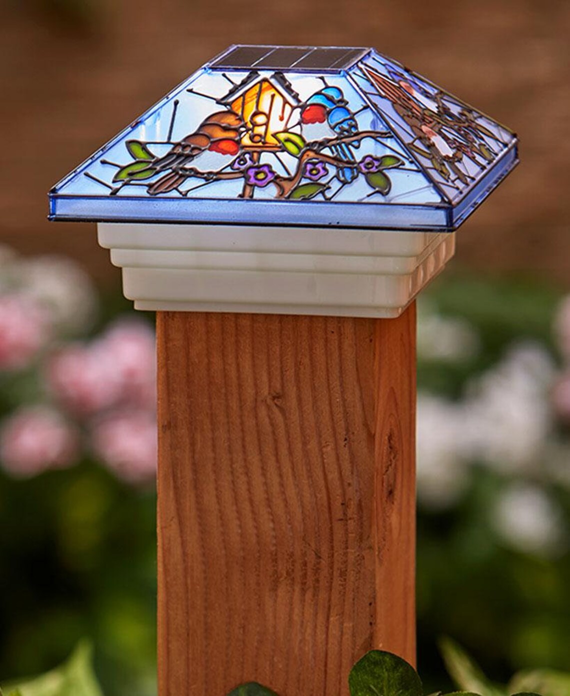 Stained Glass Solar Post Cap Lights White Led Lights Etsy