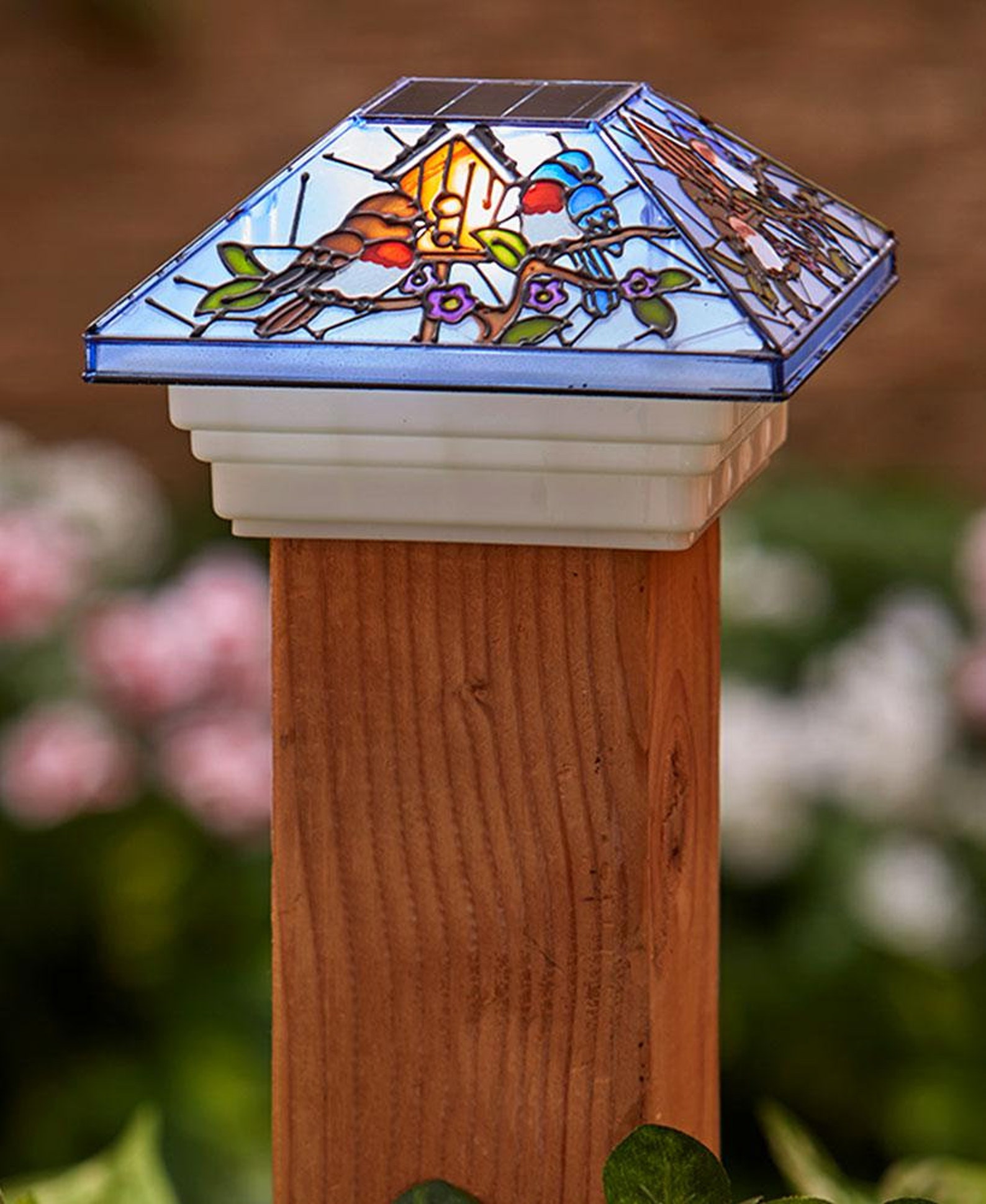 Stained Glass Solar Post Cap Lights White Led Lights Etsy