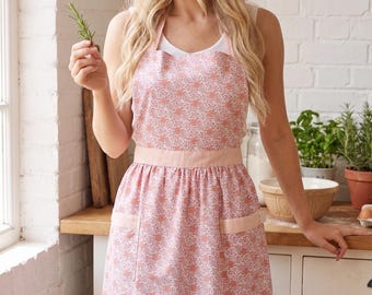 Vintage Floral Apron with Pockets | Full Chef Rose Pinafore Handmade Apron | Artist Baking Cooking Kitchen | Pink Lily Pattern