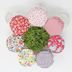 Op de afbeelding: Zes glazen potten met bloemrijke stoffen deksels, gerangschikt rond een kleine groene plant. De deksels tonen patronen in rood, roze, blauw en geel. De potten zijn van bovenaf te zien, met de kleurrijke ontwerpen.
