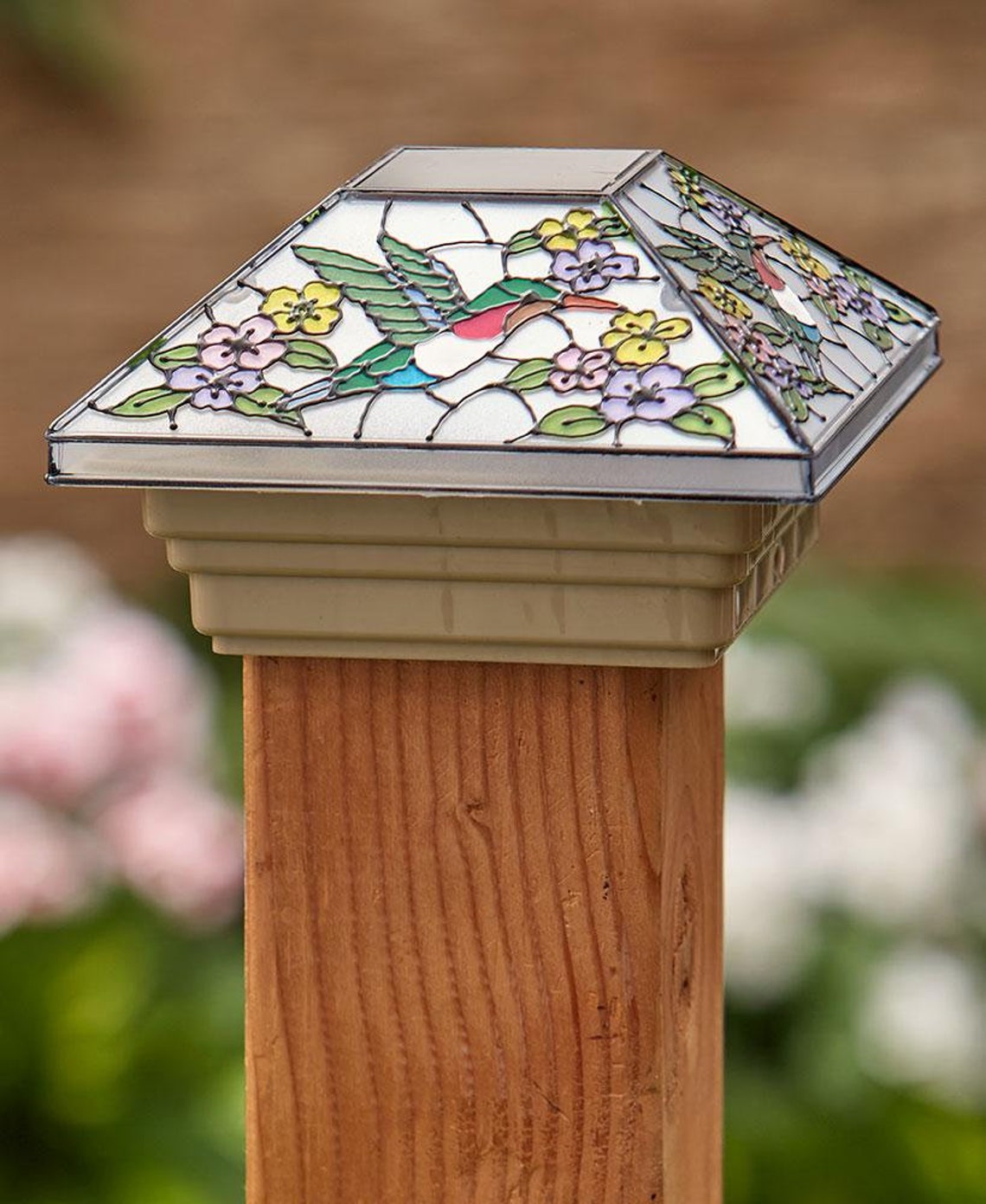 Stained Glass Solar Post Cap Lights White Led Lights Etsy