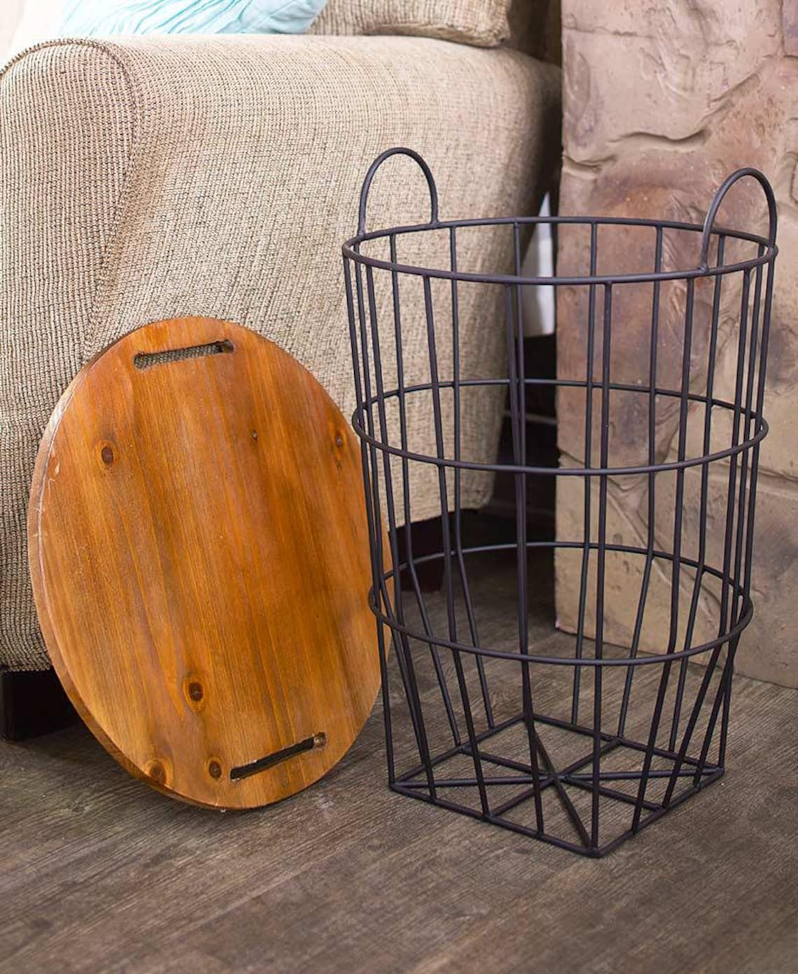 Wood Top Storage Metal Basket Side Table Modern Farmhouse Etsy