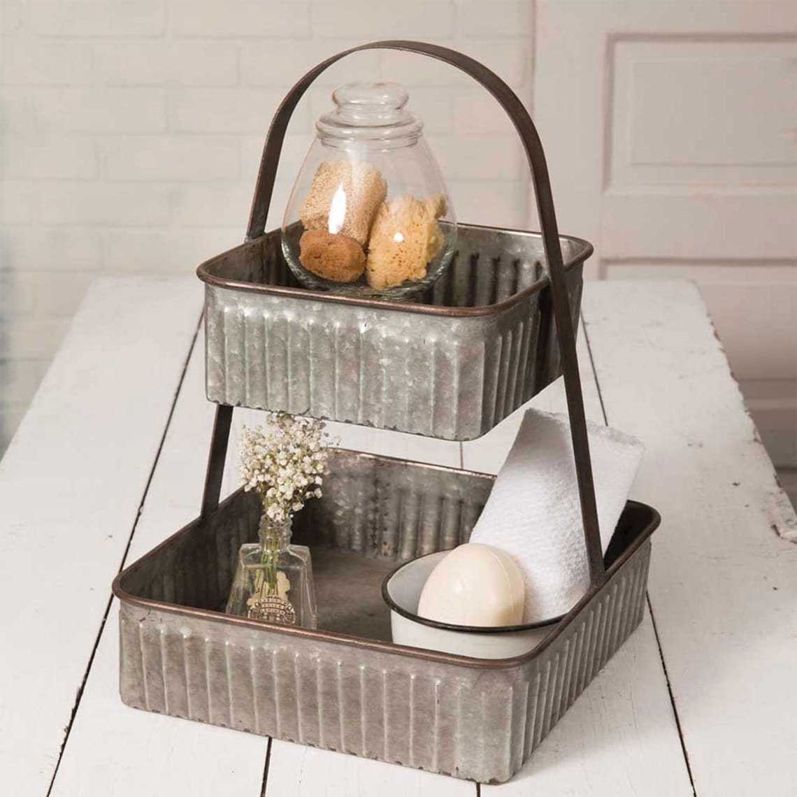 Twotiered Corrugated Square Tray Top Metal Basket Small Etsy