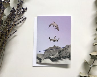 Carte de voeux, Carte d'anniversaire rétro, Carte de souhait Vintage, Carte de voeux montagne, Carte de voeux poisson