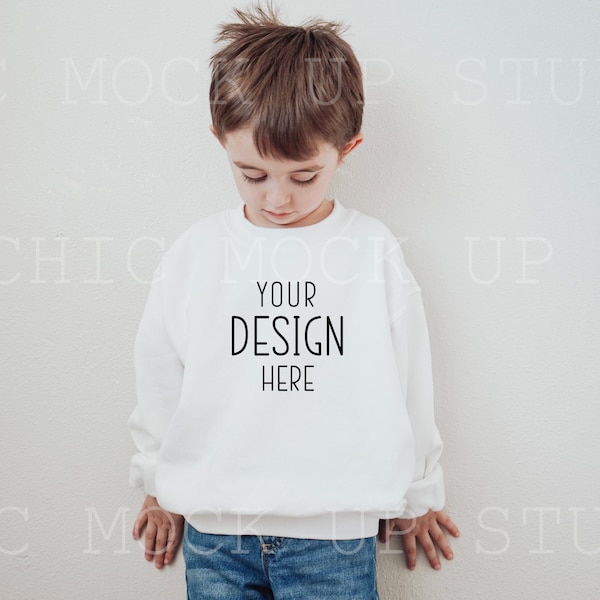 Kids White Sweatshirt Mockup | Gildan 18000b White Sweatshirt Mockup | KIDS Sweater Mockup | Toddler Model Mockup / White Sweatshirt Mockup