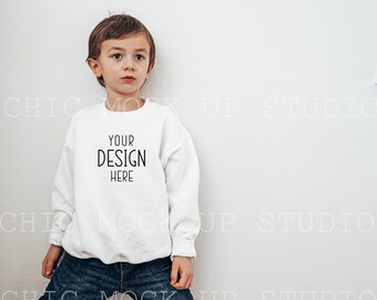 Kids White Sweatshirt Mockup | Gildan 18000b White Sweatshirt Mockup | KIDS Sweater Mockup | Toddler Model Mockup / White Sweatshirt Mockup