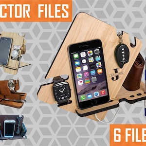 6 Telefoon stand SVG. Laser gesneden bestanden. Scroll zaag patroon, DXF bestanden voor CNC. Glowforge Files Telefoon docking stand svg telefoonhouder
