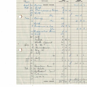 May include: A vintage bank statement from 1949 for J.R. Young in account current with the National Bank of New Zealand Ltd. in Dargaville, Branch. The statement shows a balance brought forward of 992.12.7, and a series of transactions with dates, descriptions, and debit and credit amounts.