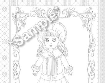 Digital download Coloring Page, Printable Coloring Page  "Rose" , a girl from the world of Victorian antique dolls