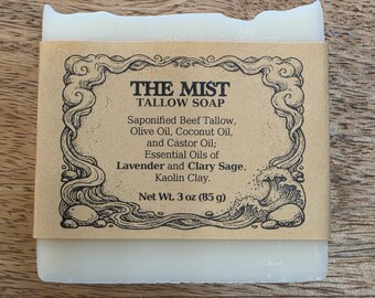THE MIST Tallow Soap Bar | Small Batch Cold Process Body Soap | Lavender and Clary Sage |  Kaolin Clay | RippleRoot Studios