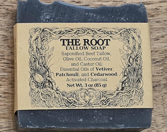 THE ROOT Tallow Soap Bar | Small Batch Cold Process Body Soap | Vetiver, Patchouli, and Cedarwood | Activated Charcoal | RippleRoot Studios