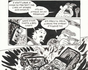 May include: Black and white comic strip illustration of a car crashing into a traffic light. The driver is yelling "I'm free to drive across the street if I want to!" and the pedestrian is yelling "Wait! Stop! That's a red light!" The text "#49 AVOLIO 6-28-2020" is in the bottom right corner of the image.
