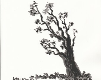 tree in black and white - original ink wash drawing 8" x 10"
