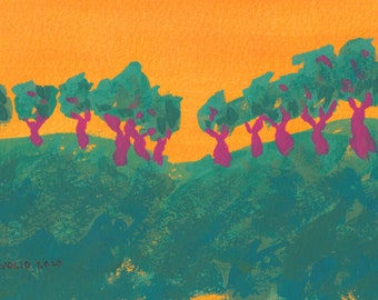 row of trees - original gouache watercolor painting 4"x6"