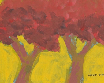 red tree couple - original gouache watercolor painting 5"x7"