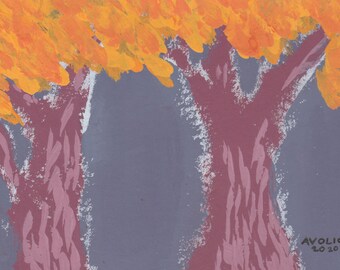 trees - original gouache watercolor painting 5"x7"