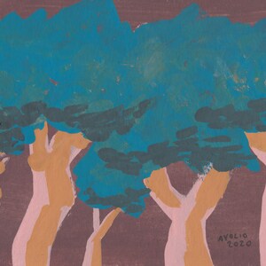 tree family - original gouache watercolor painting 5&quot;x7&quot;
