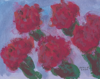 flowers - original gouache watercolor painting 5"x7"