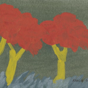 red and yellow trees - original gouache watercolor painting 5"x7"